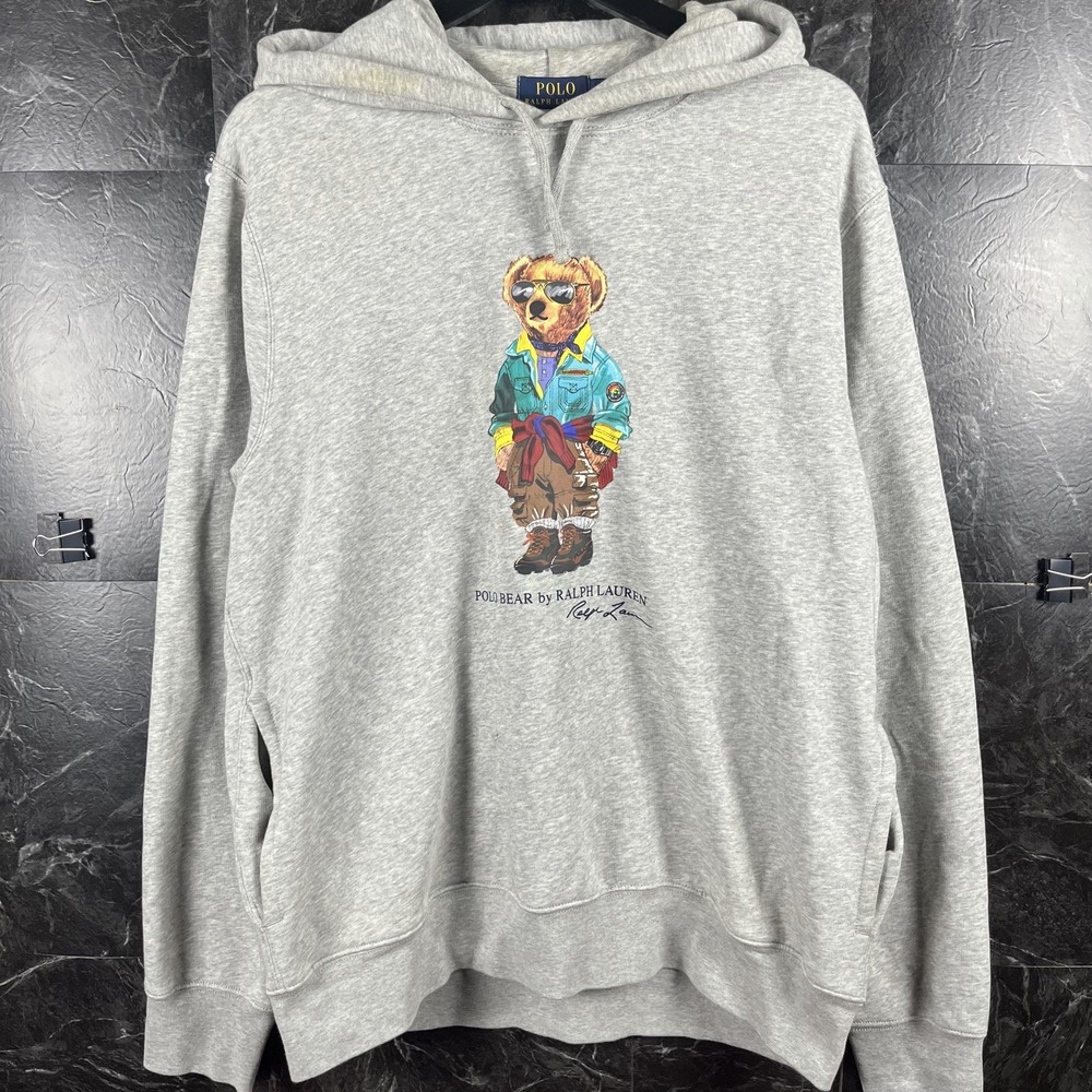 Polo Ralph Lauren Men's Grey Beach Polo Bear Hoodie Large -Flaws